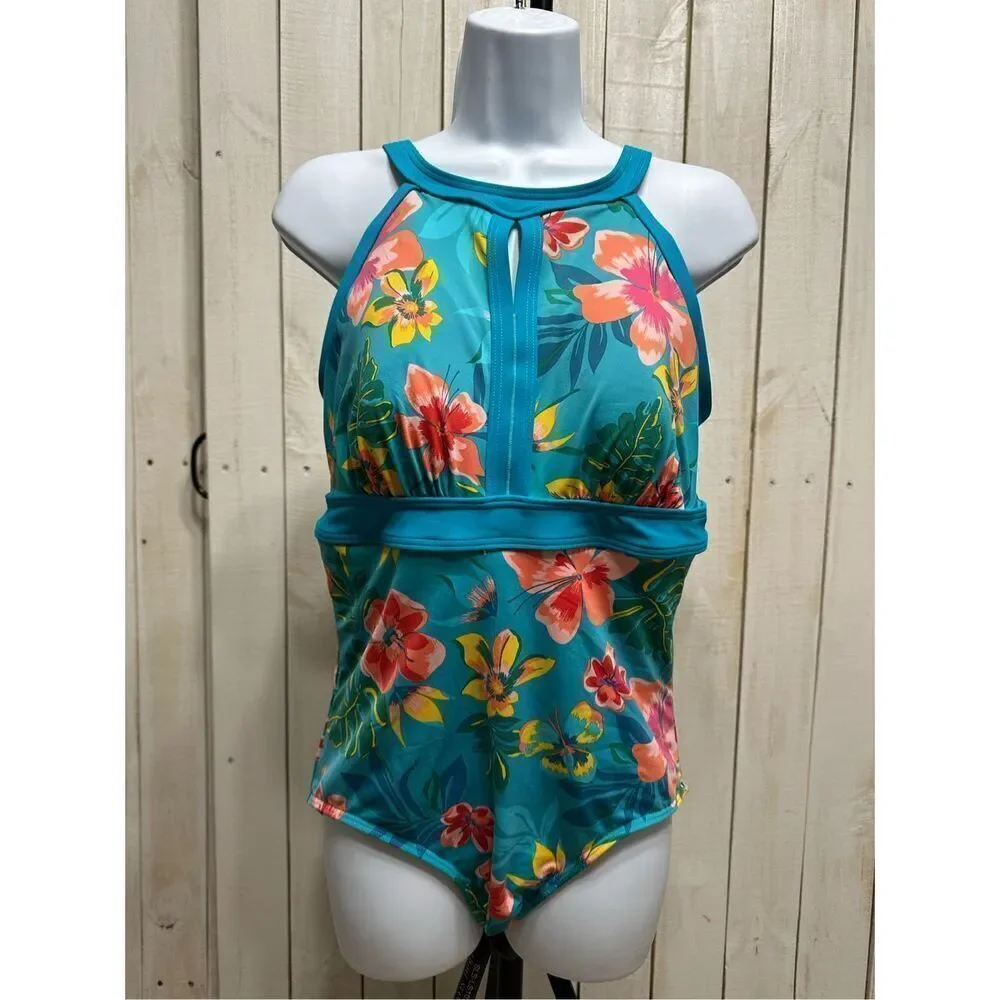 Lands’ End Floral Tummy Control One Piece Swimsuit Size 10 DD Blue Orange